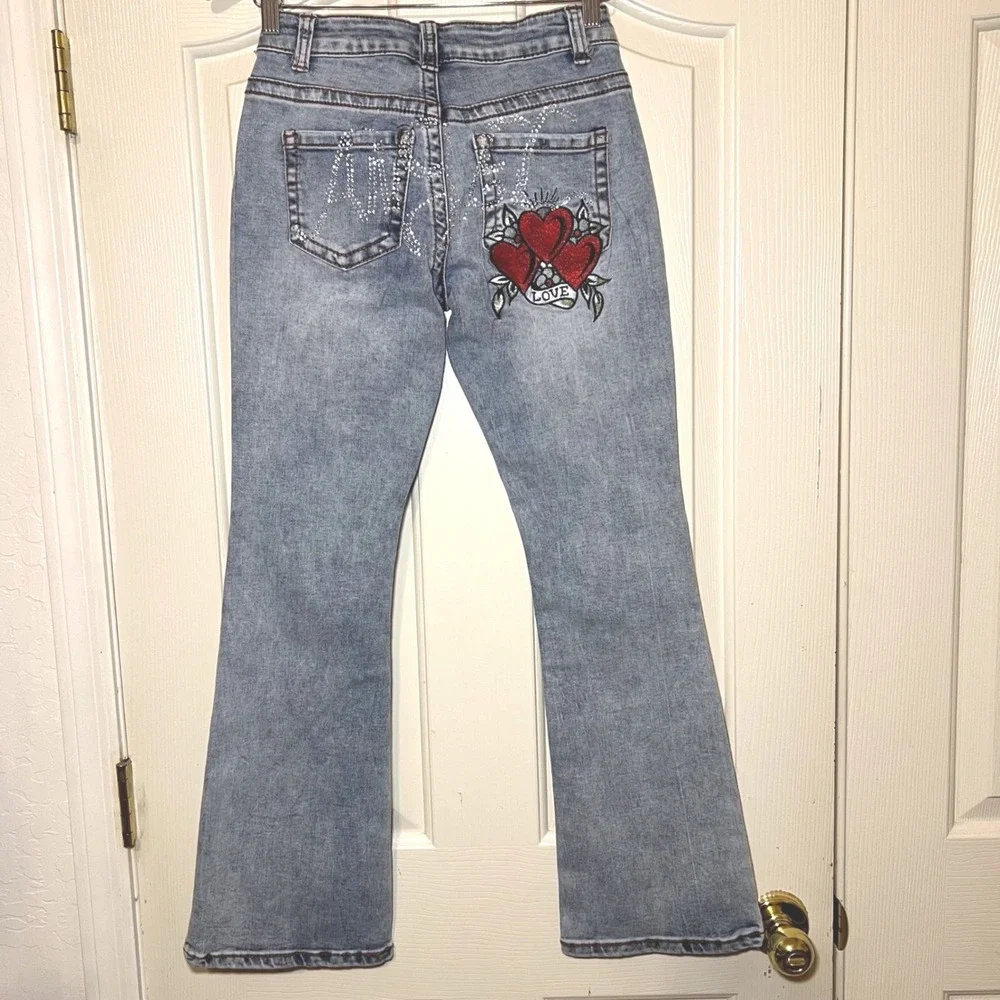 Telepatia Womens Y2K Low Rise Bootcut jeans Ed‎ Hardy Style Embroidery Sz 5/27
